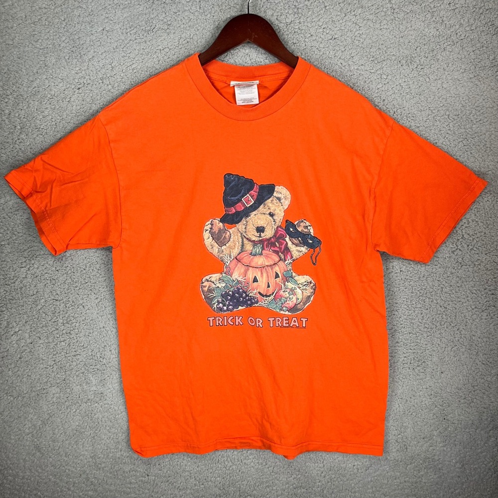 Basic Editions Orange Halloween Teddy Bear Trick or Treat T-Shirt Large